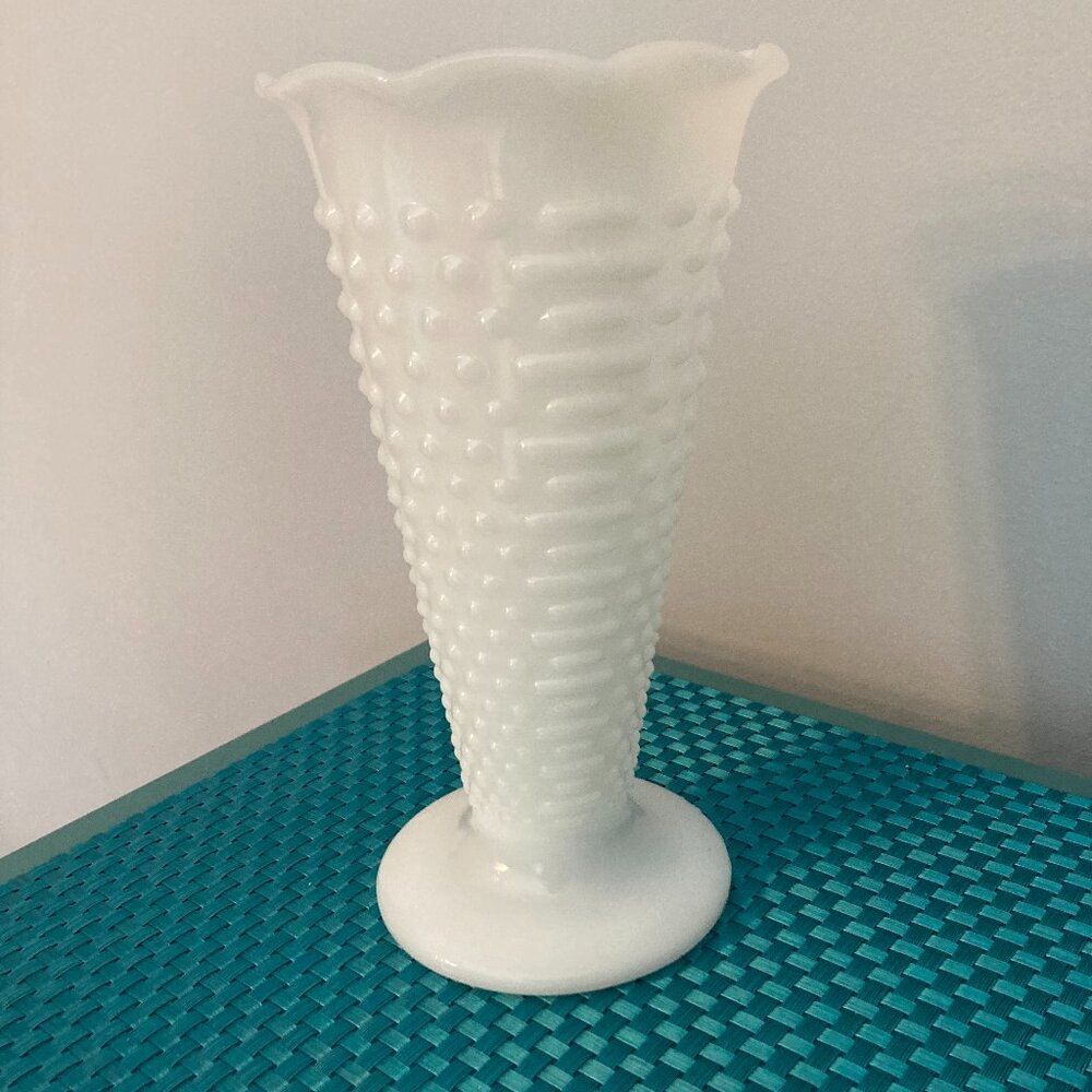 White Milk Glass Vase Tall Hobnail  Design Vintage